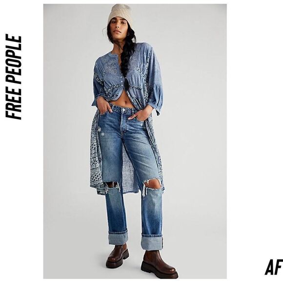 Free People Oh My Maxi Top Dress Duster Patchwork Piecing Indigo Button New - Picture 3 of 8